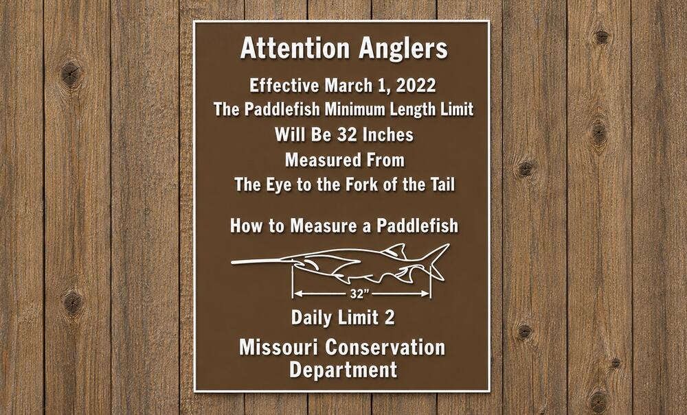 Missouri Conservation Department Paddlefish Sign Attention Anglers Fishing DNR